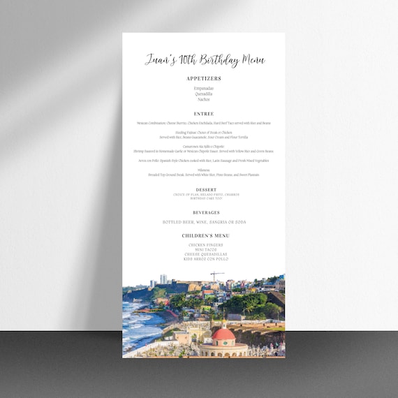 Puerto Rico Birthday Menu Template, Editable San Juan Birthday Menu Printable, Puerto Rico Skyline, Print and Digital , #PRSJ