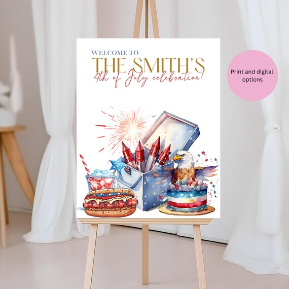 Editable 4th of July Welcome Sign Template | Printable BBQ & Fireworks Party Sign | Memorial Day Cookout Decor | Company Block Party Sign