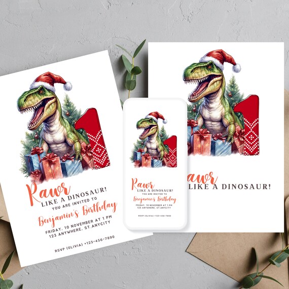 Christmas Dinosaur Birthday Invitation Template, Holiday Dino Party Invites, Editable Winter Dino Bday, Kids Printable Invitations