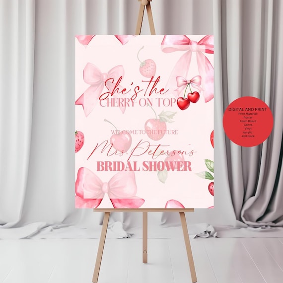 Custom Cherry on Top Welcome Sign | Editable Pink Bridal Shower & Birthday Party Entrance Decor | Event Poster, Foam Board Template