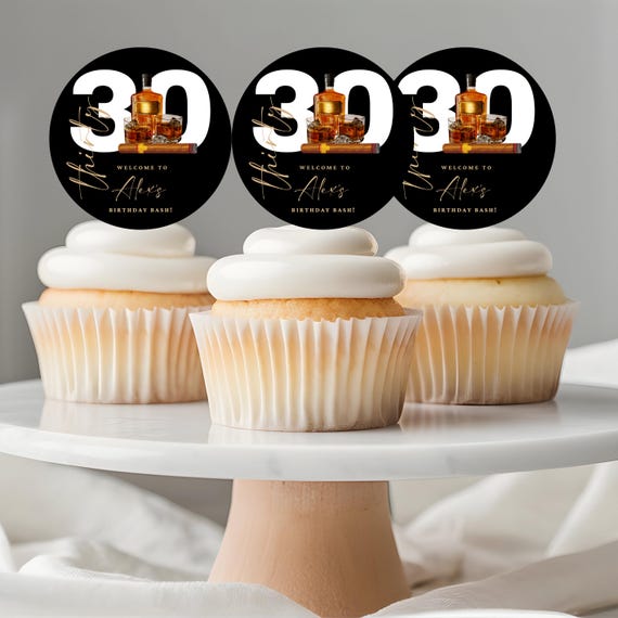 Edible Round Whiskey & Cigar Cake Topper | Gentlemen's Milestone Birthday Cupcake Toppers | Custom Whiskey Party Decorations