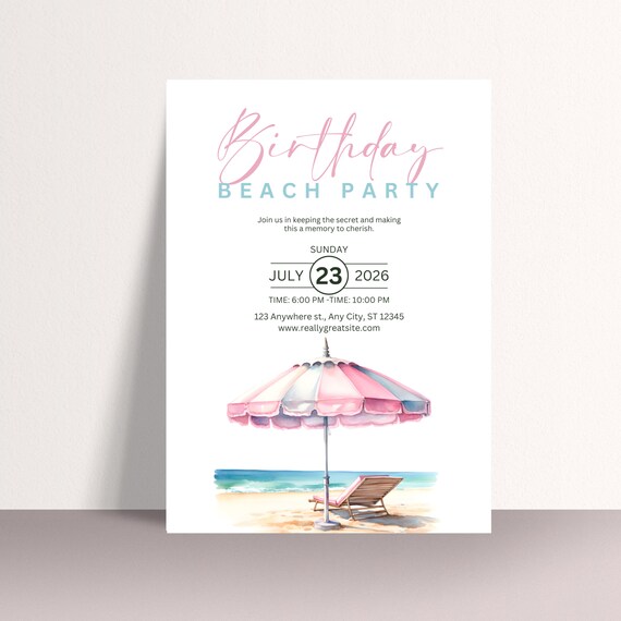 Editable Birthday Beach Party Invitation, Pink Tropical Swimming Party Invite Template, Summer Beach Bash Editable Template