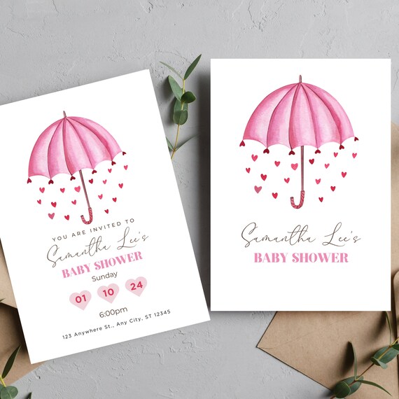 Pink Umbrella Baby Shower Invitation Template - Girl Baby Shower Printable - Customizable DIY Party Invites - Trendy Baby Shower Decor