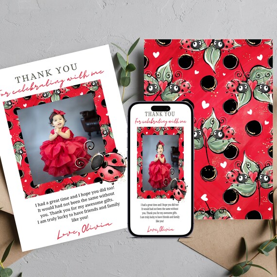 Ladybug Photo Birthday Thank You Card, Lady bug Birthday Thank You, Our Little Bug Printable Cards, Print and Download, LDYB