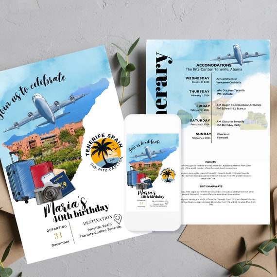 Tenerife Spain Birthday Weekend Invitation Template, Editable Travel Itinerary Invitations, Custom Spain Trip Invite, Bday Weekend Getaway
