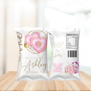 Modelo de saco de salgadinhos Donuts & Sweets - Etiquetas editáveis em ouro rosa para festas de aniversário - Decoração de aniversário faça você mesmo - Sacos de salgadinhos para impressão