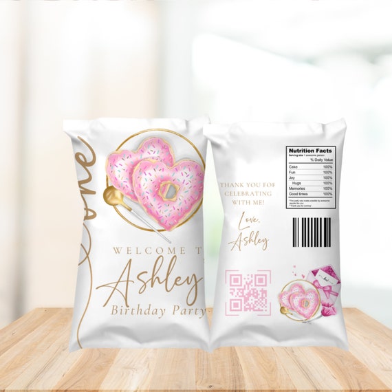 Donuts & Sweets Chip Bag Template - Pink Gold Editable Labels for Birthday Parties - DIY Bday Decoration - Printable Chip Bags