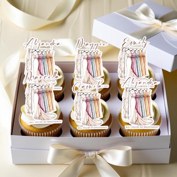 Custom Bridesmaid Proposal Cupcake Toppers | Edible Dress Topper | Personalized Bridal Party Gift | Will You Be My Bridesmaid Treats