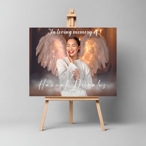 In Loving Memory Welcome Sign Template | Custom Photo Funeral Signage with White Angel Wings | Elegant Memorial Tribute, Print and Digital