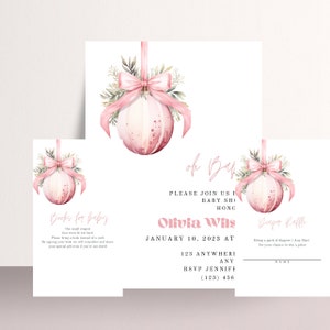 Weihnachten rosa Ornament Baby-Dusche-Einladungs-Bundle, Winter-Baby-Dusche-Windel-Verlosung, Winter-Rosa-Digital-Baby-Dusche, Druck und Digital