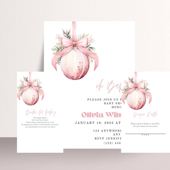 Christmas Pink Ornament Baby shower Invitation Bundle, Winter Baby Shower Diaper Raffle, Winter Pink Digital Baby Shower, Print and Digital