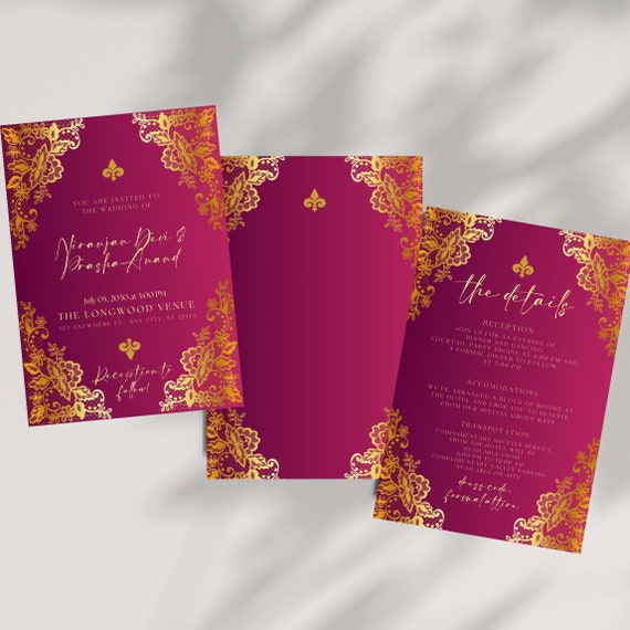 Traditional Red and Gold Indian Wedding Invitation Template - DIY Ethnic Wedding Announcement, Elegant & Customizable Wedding Details Invite