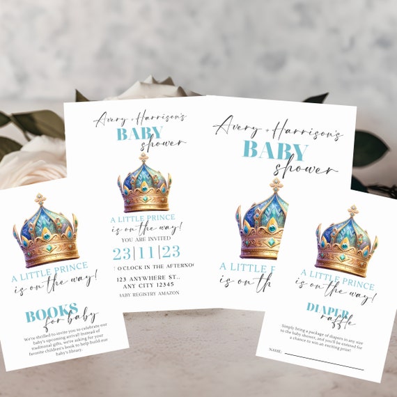 Editable Blue Boy Baby Shower Invitation Bundle Template - Little Prince on the Way Party Books for Baby - Fairytale Theme - DIY Printable