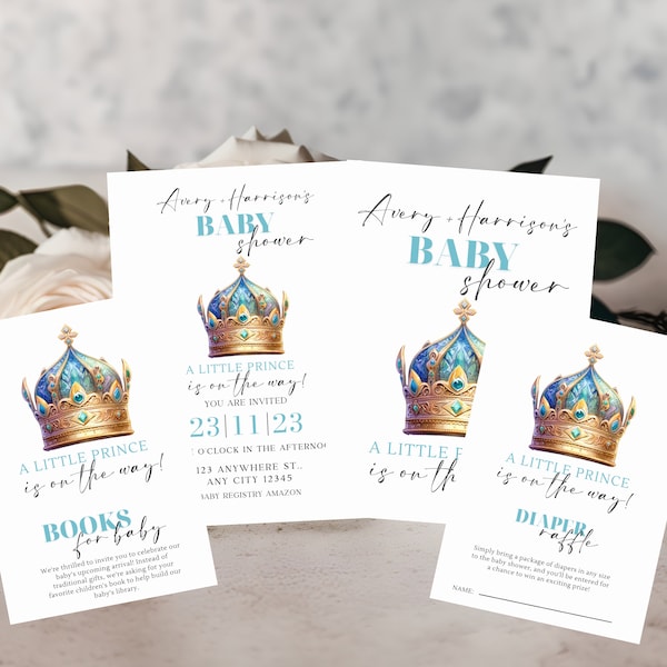 Modello modificabile per pacchetto invito baby shower per ragazzo blu - Piccolo principe in arrivo Libri per feste per bambini - Tema favola - Stampabile fai-da-te