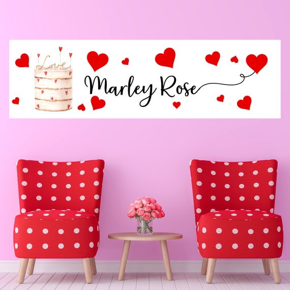 Valentine Birthday Wall Art Template, Valentines Cake Hearts Banner, Printable Wall Art Name Banner, Print and Digital, #VAL