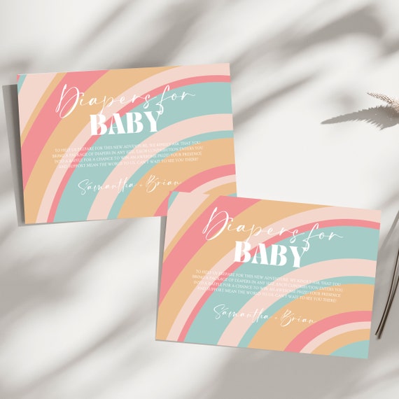 Editable Retro Rainbow 70's Baby Shower Diapers For Baby Cards - Groovy Vibes, Printable 70s Hippie Decor & Funky Retro Party Card