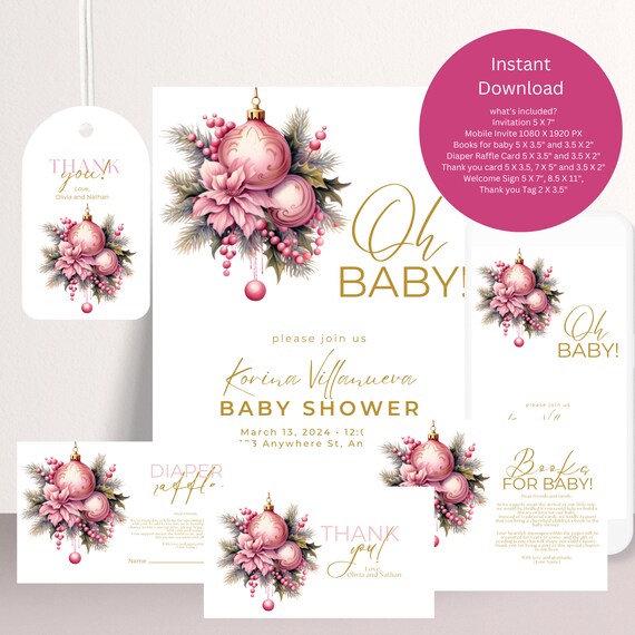 Pink Christmas Tree Baby shower Invitation Bundle, Winter Girl Baby Shower Invitations, Winter Pink Books For Baby, Diaper Raffle Card