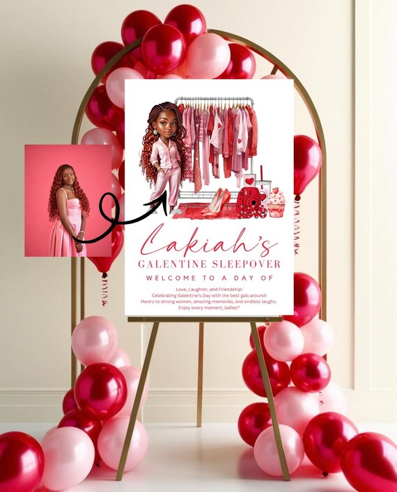 Galentine’s Day Sleepover Welcome Sign | Custom Illustrated Character From Photo | Bridal Shower Welcome Sign | Valentine Pajama Party Decor
