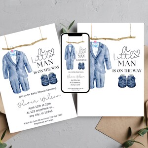 Modello di invito Baby Shower piccolo uomo, ragazzo Baby Shower invito stampabile, invito doccia bambino blu modificabile, stampa e digitale, #LMBS
