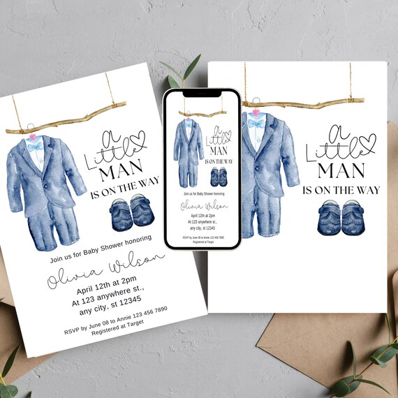 Little Man Baby Shower Invitation Template, Boy Baby Shower Printable Invitation, Editable Blue Baby Shower Invite, Print and Digital, #LMBS