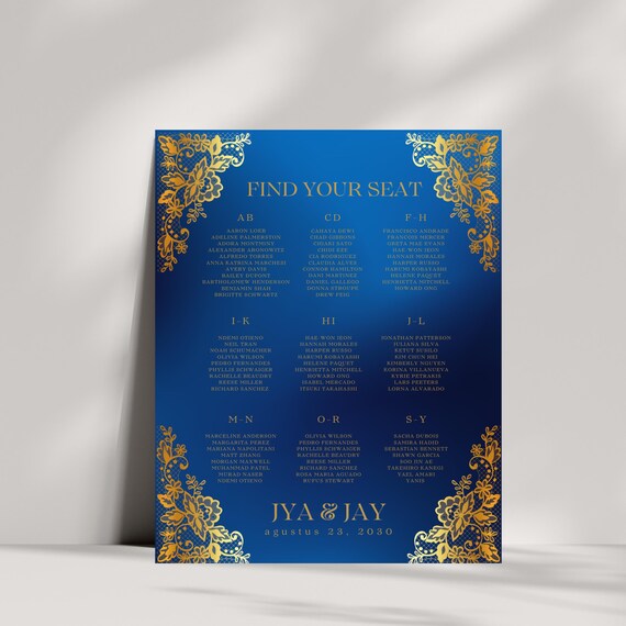 Royal Blue and Gold Indian Wedding Seating Chart Sign | Personalized Traditional Wedding Seating Signage | Elegant Reception Decor