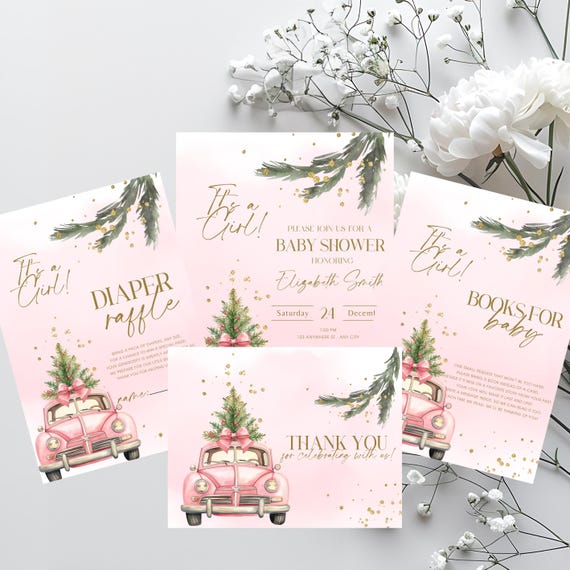 Editable Pink Christmas Car Baby Shower Invitation Suite | Pink Holiday Baby Shower Invite, Books for Baby & Diaper Raffle Cards