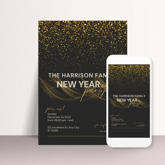 Chic Black and Gold New Year Party Invitation Template, Black and Gold Celebration Invite, Editable New Years Eve Flyer, Instant Download