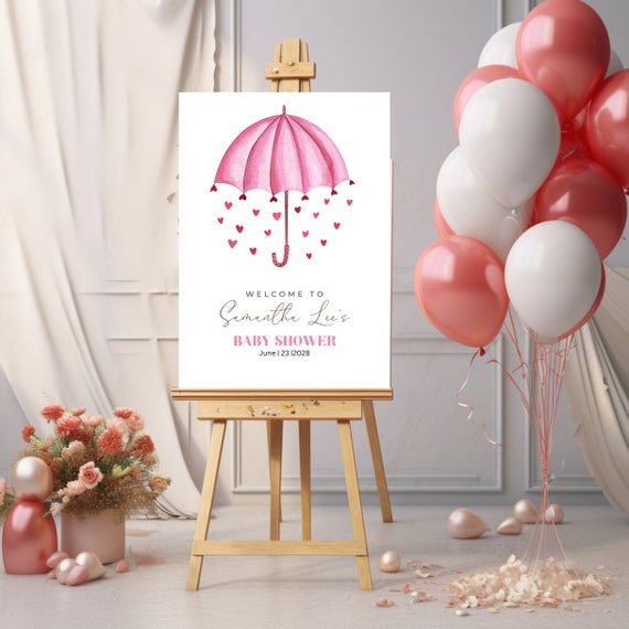 Pink Umbrella Baby Shower Welcome Sign Template - Girl Baby Shower Decor - Customizable Printable Banner Party Decor - DIY Baby Shower Sign