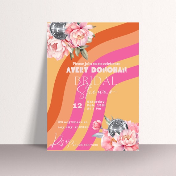 Editable Retro Disco Bridal Shower Invitation Template, 70s Festival Bridal Shower Invite - Last Disco Theme Floral, Bridal Shower Printable