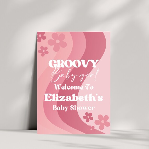 Editable & Printable Pink Groovy Baby Shower Welcome Sign - Retro 70s Theme - Customizable Shower Poster - Vintage Baby Shower Decor