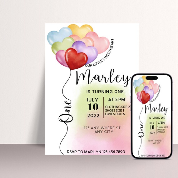 Valentine Rainbow Heart Birthday Invitation, First Birthday Invite, Digital Party Invitations, Watercolor Heart Balloon, #HBR