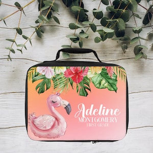 Gepersonaliseerde naam flamingo lunchtas, lunchtas met tropische bloemen voor kinderen, aangepaste lunchtas,/meisje aangepaste lunchbox, geïsoleerde lunchtas
