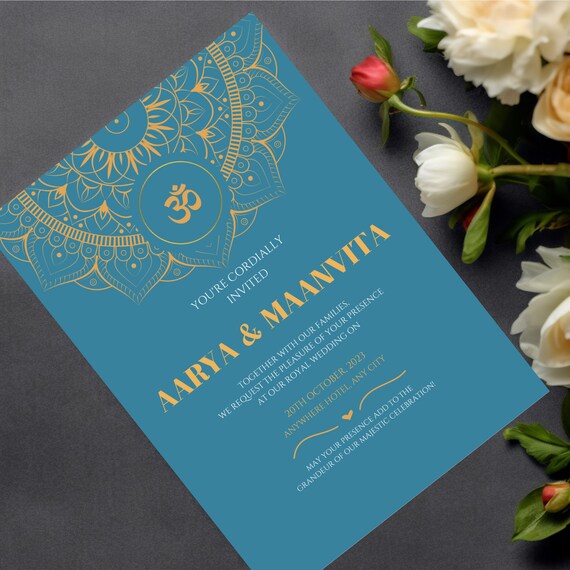 Printable Gold Mandala Indian Floral Wedding Invitation Template - Elegant Royal Theme for Hindu Weddings