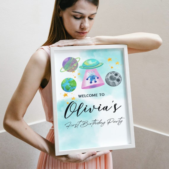 Space Alien Birthday Welcome Sign Template, Turquoise Galaxy Birthday Party Signs, Houston We Have a One Year Old, Birthday Banner, #SBT