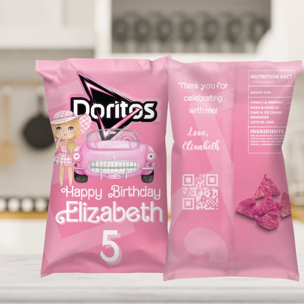 Pink Doll Theme Birthday Chip Bag Template, Editable Fashion Doll Party Favors, Custom Girl's Favor Bags, Dorito Chip Bag Instant Download