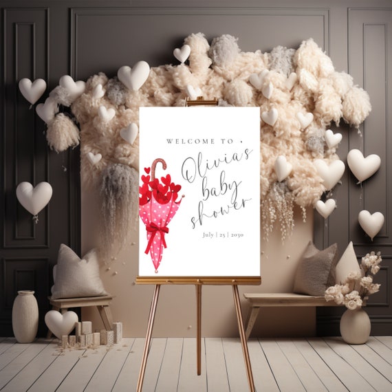 Valentine's Heart Baby Shower Welcome Sign - Printable Banner Heart Umbrella Themed Baby Shower - Showered With Love Decor