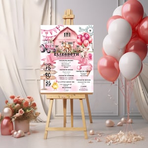 Customizable Pink Farm Birthday Milestone Sign - Barnyard Party Milestone Poster Template, Farm Animals Theme for Any Age Birthday Party