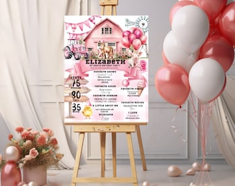 Customizable Pink Farm Birthday Milestone Sign - Barnyard Party Milestone Poster Template, Farm Animals Theme for Any Age Birthday Party