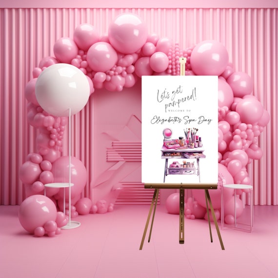 Editable Pink Spa Day Party Welcome Sign - Personalized Pink-themed Birthday Decor - Customize Your Banner for a Pampering Celebration