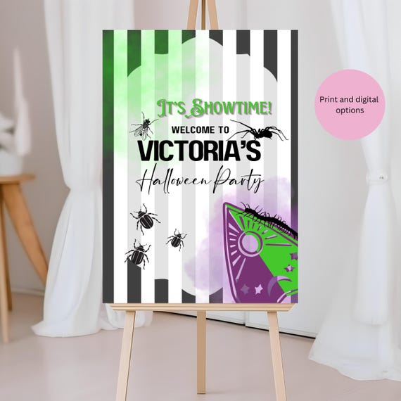 Editable Black & White Striped Birthday Welcome Sign | 'It's Showtime' Halloween Party Banner | Spooky Fun Printable, Beetle-Inspired Theme