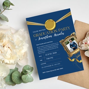Class of 2024 Blue and Gold Graduation Party Invitation - Customizable and Printable Graduation Photo Invitation Template, Instant Download