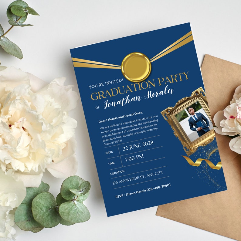 Class of 2024 Blue and Gold Graduation Party Invitation Customizable
