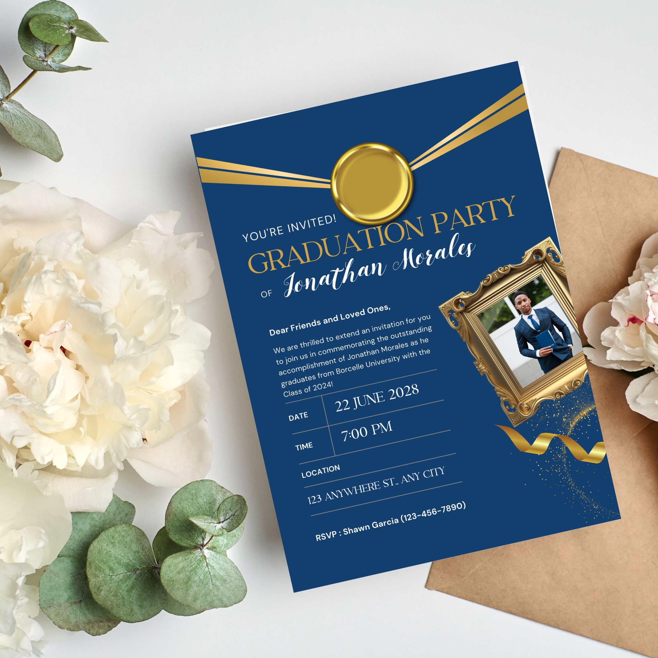 Class of 2024 Blue and Gold Graduation Party Invitation Customizable