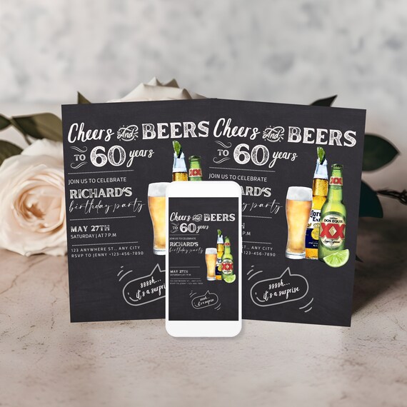 Editable Cheers and Beers Birthday Party Invitation Template, Custom Any Age - DIY Beer Invite, Cheers & Beers Decor, Instant Download