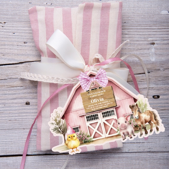 Personalized Pink Farm Birthday Thank You Tag, Custom Barnyard Party Tags, Farm Animals Theme for All Ages Girl's, Pink Farmhouse Decor