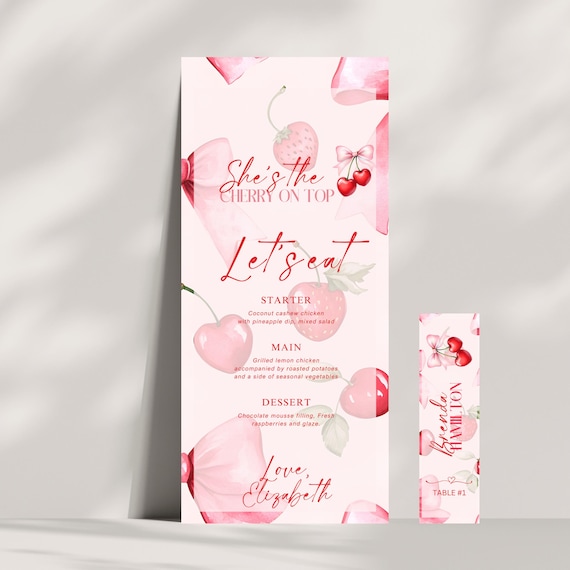 She's the Cherry on Top Dinner Menu with Guest Name and Table Number – Bridal Shower, Birthday, Baby Shower Party Decor, Editable Template