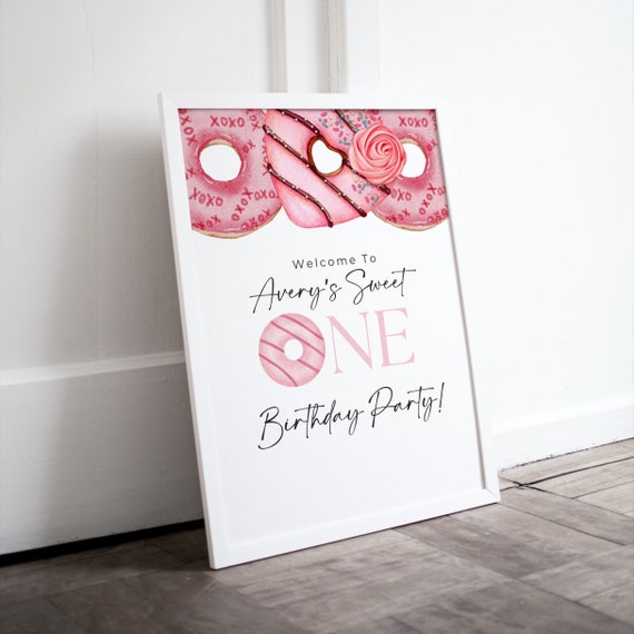 Sweet One Pink Donut Birthday Welcome Sign - Editable Any Age Party Template, Baby Girl's First Birthday Party Printable, Instant Download