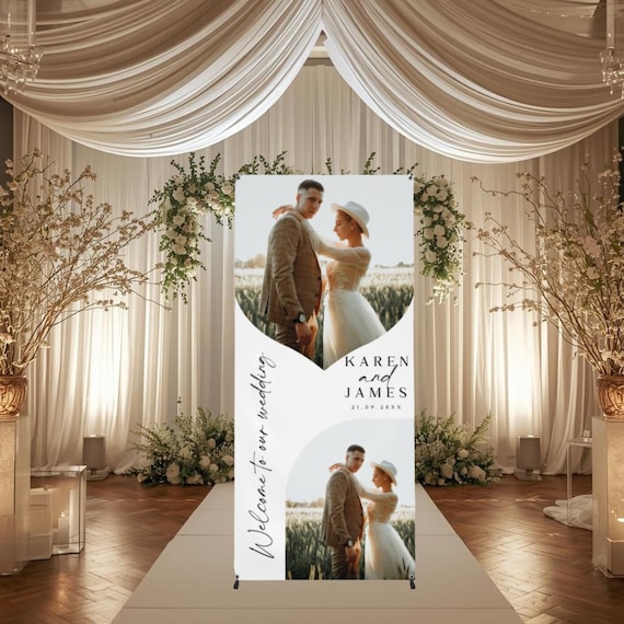 Custom Wedding Photo Vinyl Banner with Stand | Personalized Welcome Signage | Outdoor Wedding Decor | Printed Wedding Sign Couple's Picture