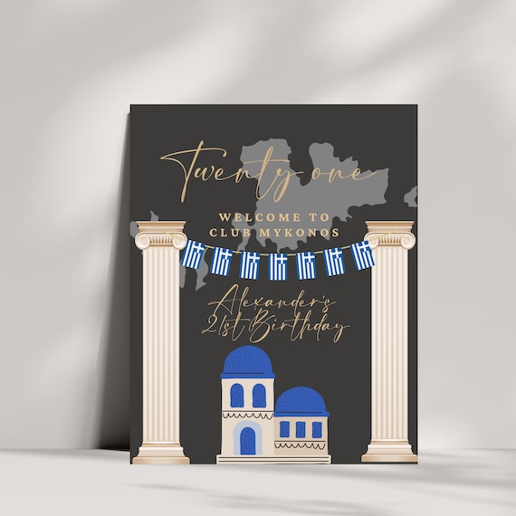 Customizable Destination Birthday Welcome Sign - Mykonos, Greece Travel Theme - Editable Poster Template with Banner Wedding or Event Décor