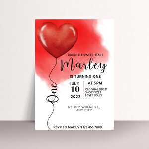 Valentine Red Heart Birthday Invitation, First Birthday Invite, Watercolor Heart Balloon, Instant Download #HBRD